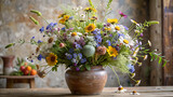 A bouquet of assorted wildflowers in a rustic vase, adding a touch of natural beauty to any space