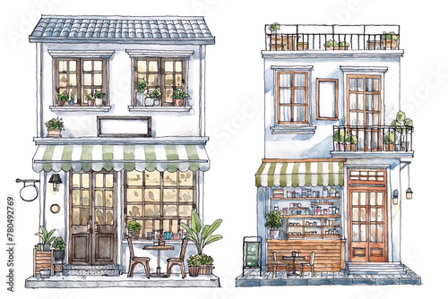  Watercolor paintings and ink lines of the cafe front  © weeramix