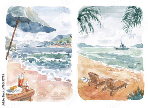 Watercolor painting of a landscape sitting on the beach.