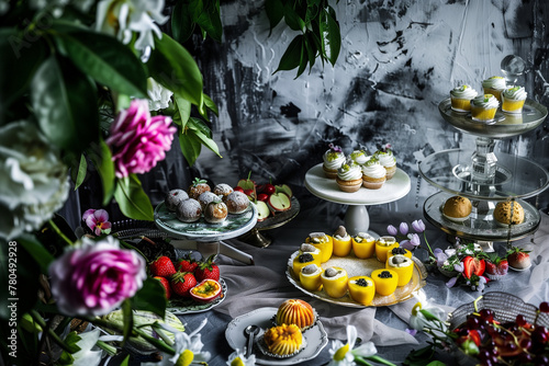 Exquisite dessert table meticulously adorned with a variety of delightful treats. The ambiance exudes opulence and celebration, rendering it perfect for diverse creative endeavors