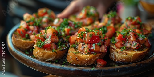 Rustic Italian bruschetta with tomatoes, fresh herbs and a drizzle of olive oil.