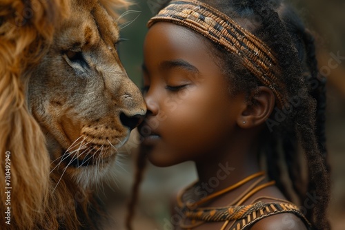The majestic lion gently touching the girl symbolizes the connection between man and wild nature.