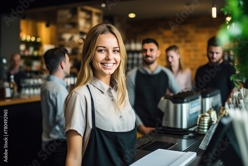 Joyful saleswoman with loose hair widely smiles standing behind counter broadly with shelves of goods on background. Polite saleswoman cashier in working uniform ready to take order photo