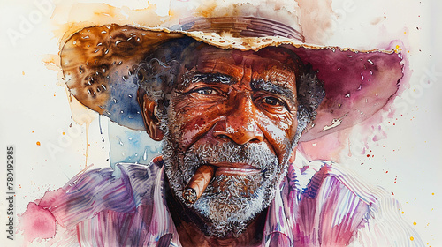 Watercolor portrait of old cuban man photo