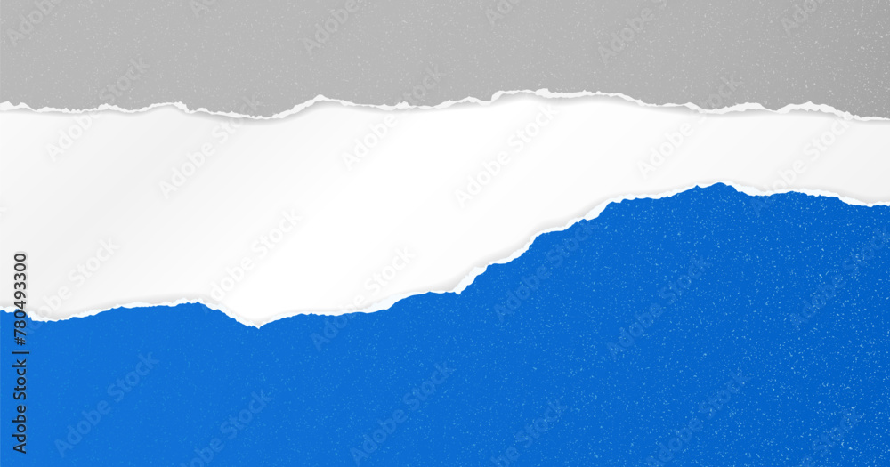 Grey and blue dusty torn paper strips with soft shadow are on white background for text or ad. Grey and blue dusty torn paper strips with soft shadow are on white background for text or ad.