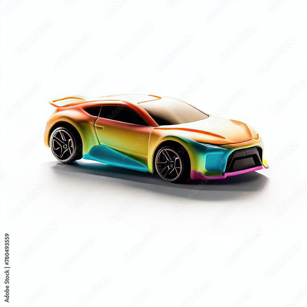 Naklejka premium a classic sport car with bright colors on a white background. shiny automobile with rainbow colors. 3d illustration made with generative AI technology 