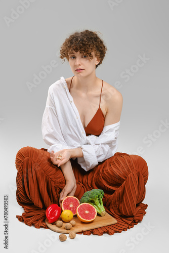 Cute woman with set of healthy food