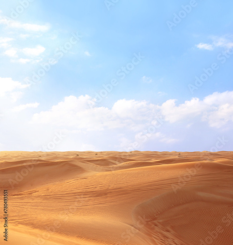 Beautiful landscape with sand dunes in desert and blue sky. Desert scene with red sand dunes