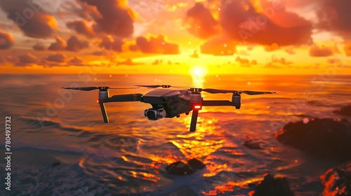 Quadcopter drone flying over the ocean at sunset. Technology meets nature. Aerial photography. Modern hobby. Stunning seascape backdrop. AI