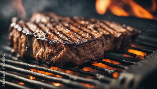 Juicy grilled steak with a charred crust, sizzling on the barbecue grill. photo