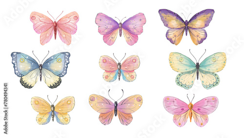 Set of watercolor butterflies, hand drawn summer collection, digital watercolor, for creating invitations, cards, patterns, baby shower