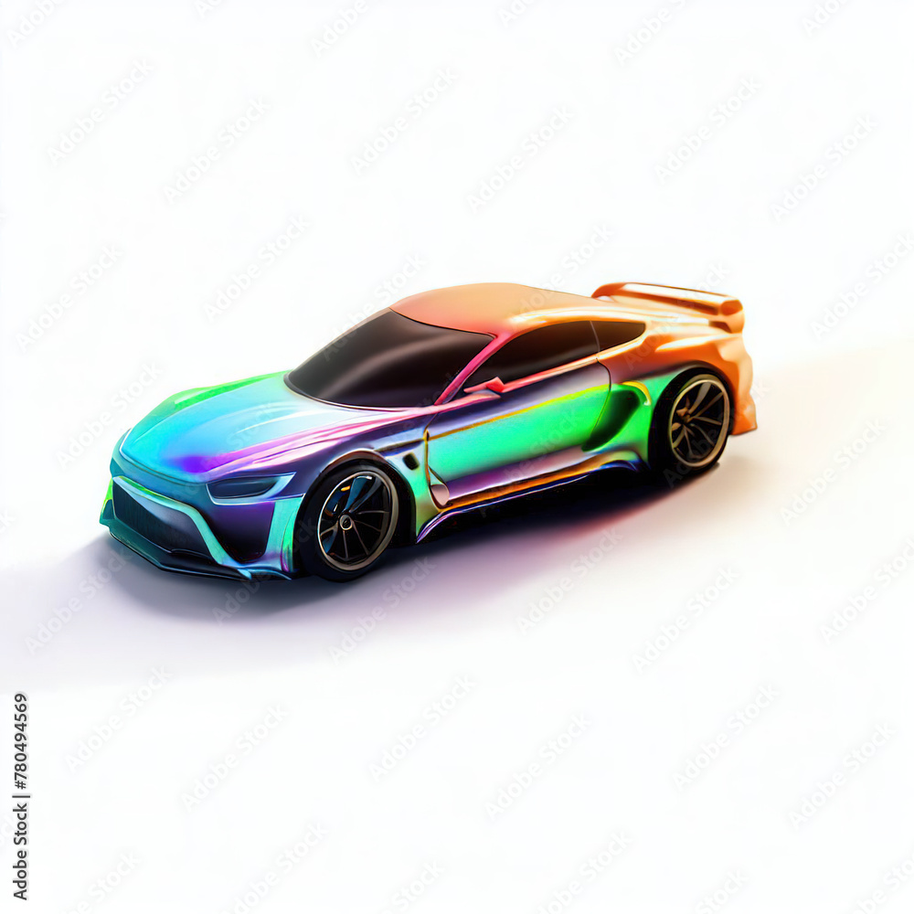 Fototapeta premium a classic sport car with bright colors on a white background. shiny automobile with rainbow colors. 3d illustration made with generative AI technology 