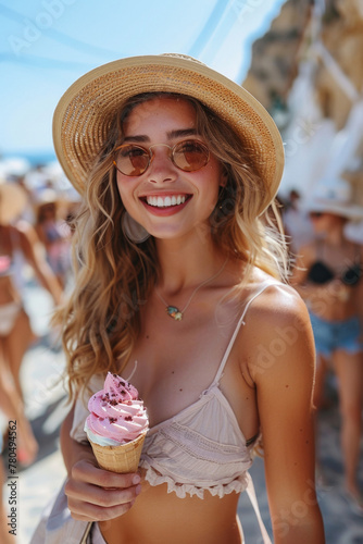 Happy young woman enjoying summer vacation on the beach with ice cream.