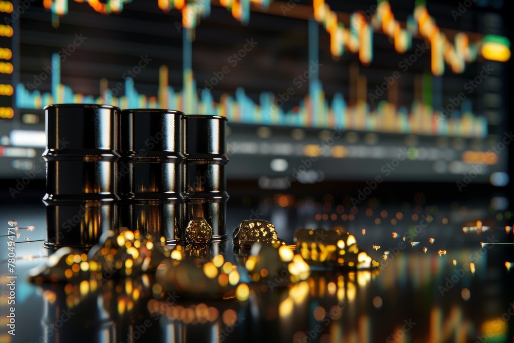 Stacks of gold bars and natural gold nuggets in the foreground with a stock market graph depicting financial trends in the background. Stacks of gold bars and natural gold nuggets in the foreground with a stock market graph depicting financial trends in the background.