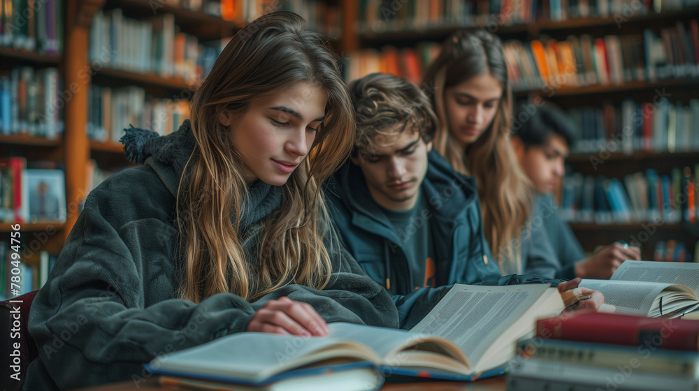 group of students reading book in library group of students reading book in library
