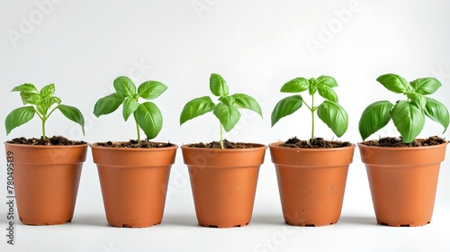 Green houseplants growth stages in terracotta pots against a white background. Stages of plant growth. Perfect for gardening content. AI