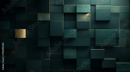  Deep green abstract background enhanced with luxurious gold lines and delicate shadows, presenting a captivating graphic pattern of modern luxury rounded squares and transparent elements, suitable fo photo