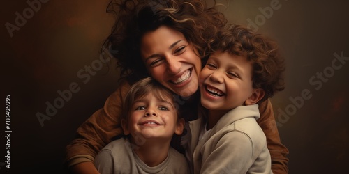  mother and two smiling kids embracing lovingly  photo