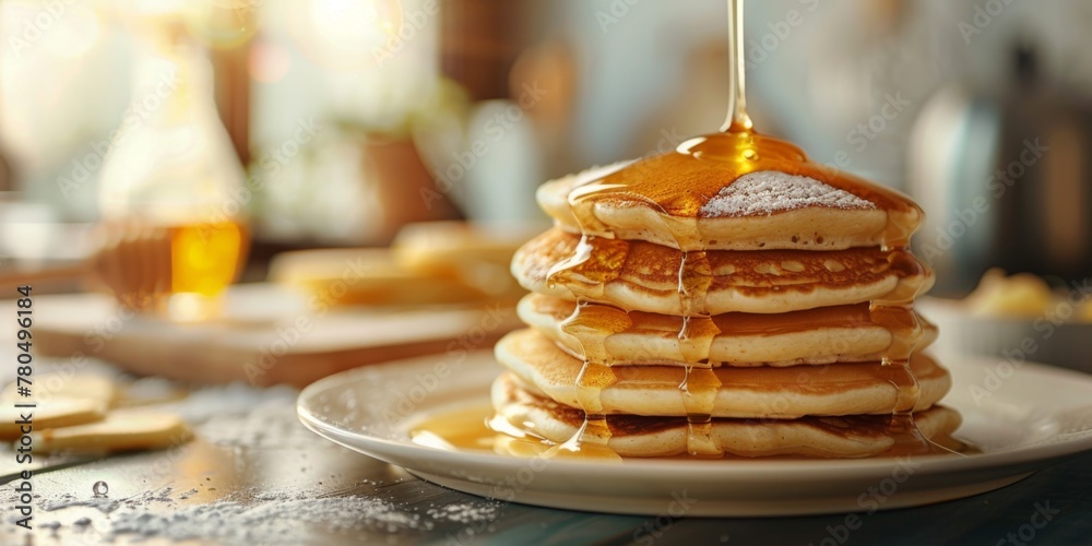 Appetizing pancakes with honey. Generative AI
