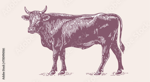 Cow, bull, beef. Vintage retro print, black white cow, bull, beef sketch ink pencil drawing, engrave old school. Sketch artwork silhouette cow bull. Side view profile beef bull. Vector Illustration