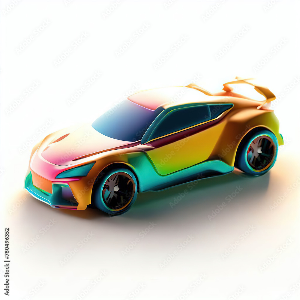 Fototapeta premium a classic sport car with bright colors on a white background. shiny automobile with rainbow colors. 3d illustration made with generative AI technology 