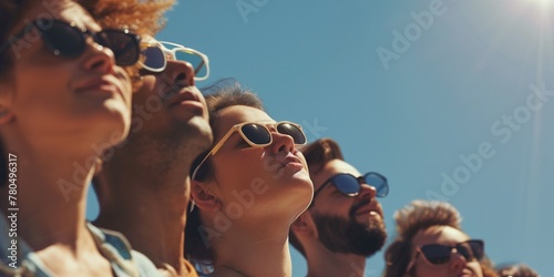 group of people looking at the blue sky with glasses on  photo