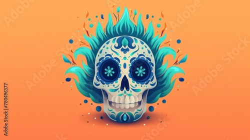 Cartoonish skull with blue and green fire details, intricately designed on a flat background