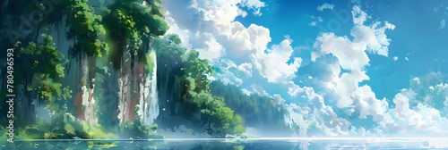 a digital painting of a cliff in the middle of a body of water with a lush green forest on the edge of the cliff and a cloudy blue sky with white clouds. photo