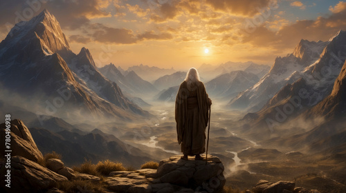 Mount Sinai Reverie: Prophet Moses Reflecting on Mountain View at Sunset.