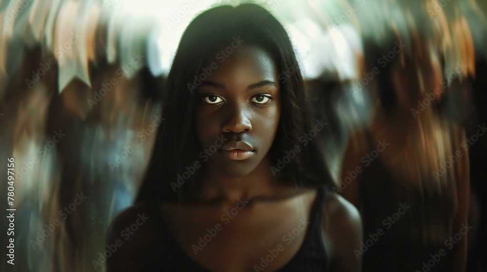 Obraz premium Unseen Suffering: A girl, surrounded by indifferent onlookers, silently bears the weight of racial discrimination.