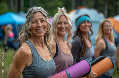 A diverse group of mature individuals enjoying outdoor yoga  promoting wellness and togetherness