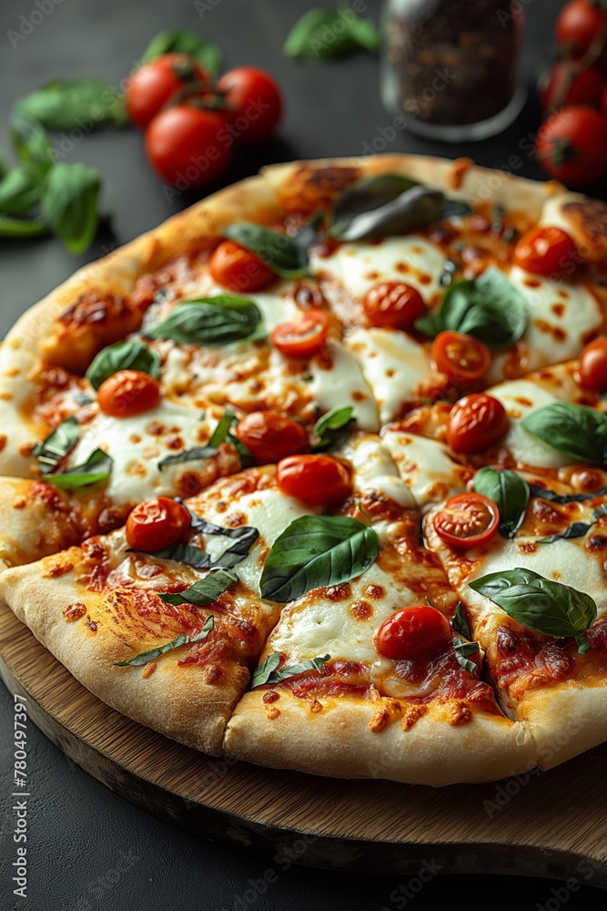Freshly made Italian pizza margherita on a wooden board surrounded by ingredients on the black table