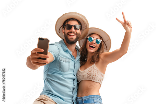 Happy young couple taking a selfie with a smartphone, smiling man and woman on summer vacations, isolated on transparent background, png file