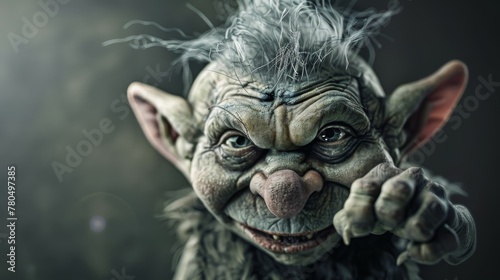 Troll creature with a scary face and green skin portrays mythological folklore