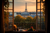 Vintage classic French apartment window with a view on Paris and the Eiffel tower in autumn