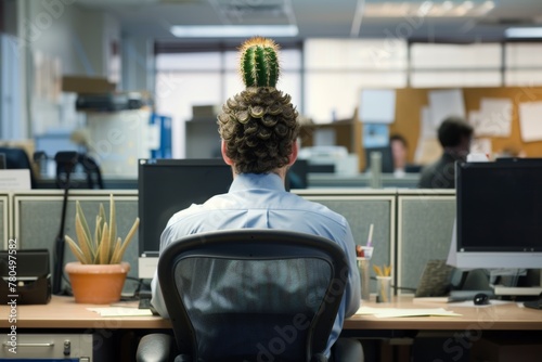 Businessman working at his desk with a quirky cactus hairstyle photo