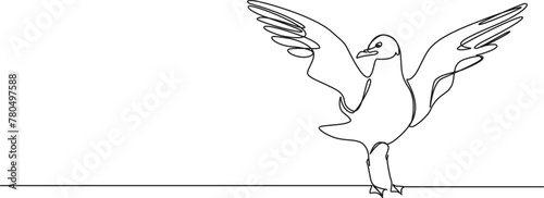 continuous single line drawing of standing seagull, wings spread, line art vector illustration
