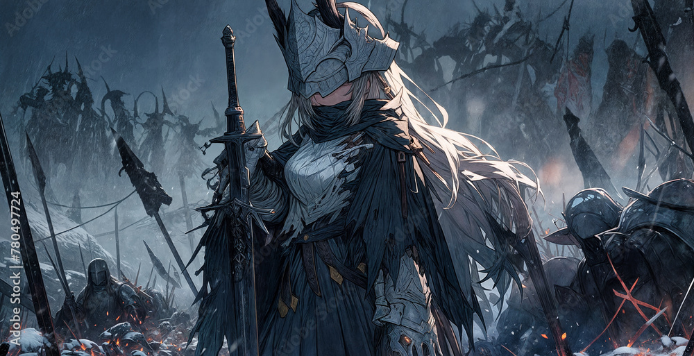 Mystic Warrior Stands Victorious in Snowy Battle Aftermath - Fantasy Art Illustration