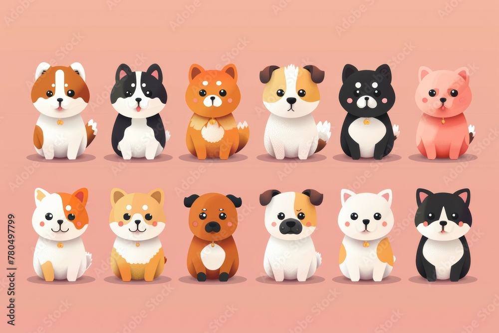 A grid of cute different dog characters in the style of digital art 