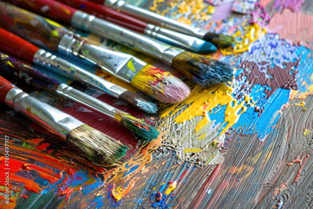 Fototapeta premium colorful art paint brushes on a wooden table