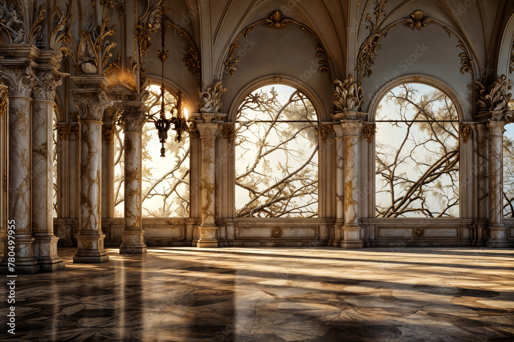 Sunset Light Streaming through the Windows of a Luxurious Historic Palace Interior