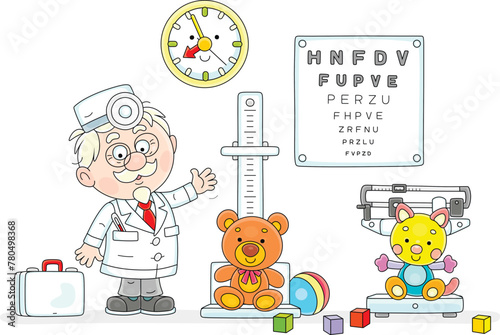 Funny good doctor pediatrician in a white hospital gown with scales, a rule and an eye test table for examining kids in a medical office, vector cartoon illustration isolated on a white background