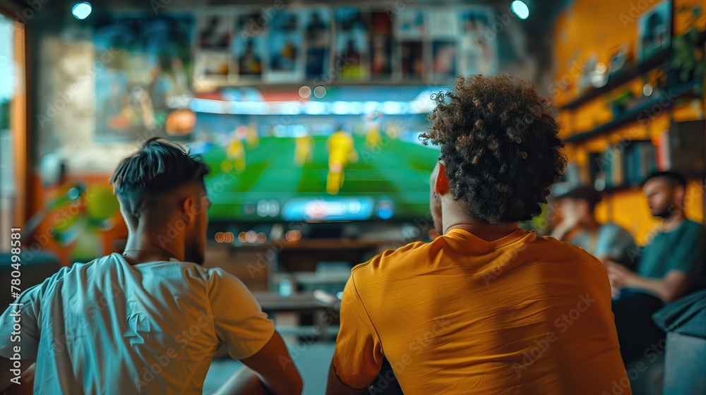 male friends playing football video game at home male friends playing football video game at home