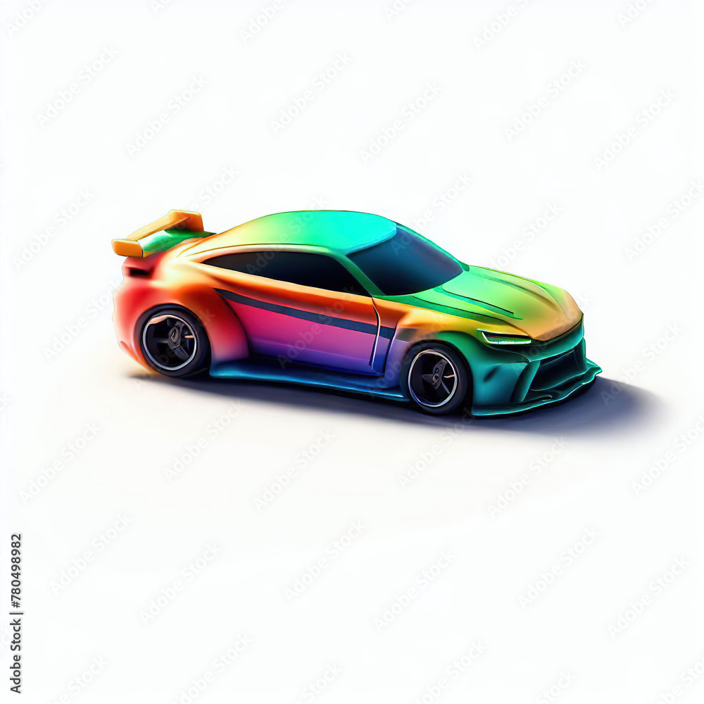 Obraz premium a classic sport car with bright colors on a white background. shiny automobile with rainbow colors. 3d illustration made with generative AI technology 