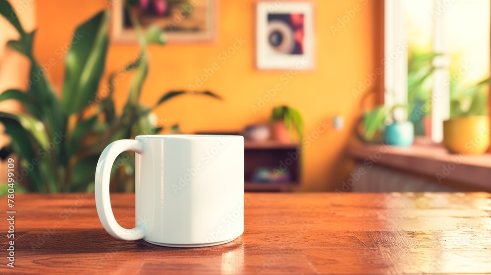 Mockup of a white coffee mug on a wooden table in front of plants Mockup of a white coffee mug on a wooden table in front of plants