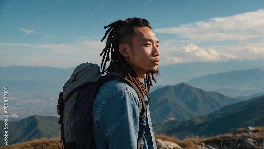 A young happy Chinese man with a tourist backpack stands on top of a rock in the mountains, travels and enjoys a beautiful view of the mountains, sky or nature. Untouched nature. Tourism 