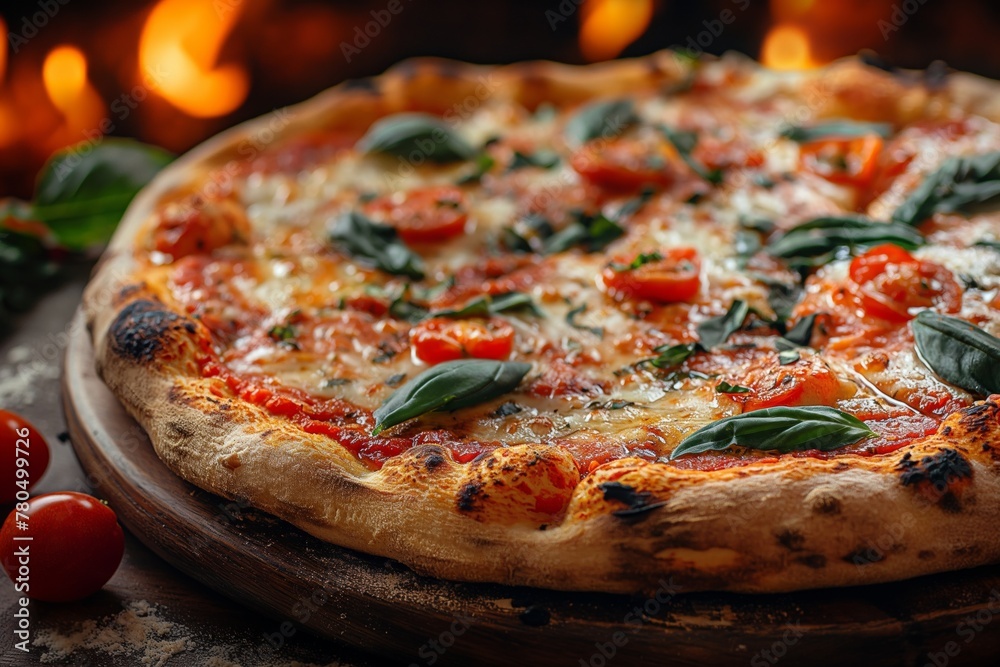 Freshly made Italian pizza margherita on a wooden board surrounded by ingredients near the stove Freshly made Italian pizza margherita on a wooden board surrounded by ingredients near the stove