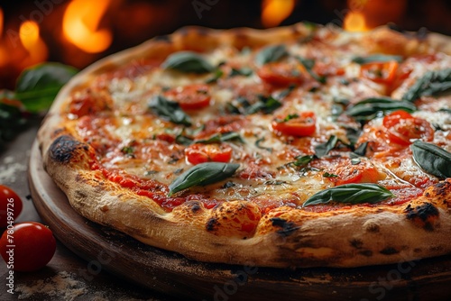Freshly made Italian pizza margherita on a wooden board surrounded by ingredients near the stove