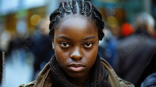 Veil of Indifference: Against a backdrop of uncaring bystanders, a girl's somber expression reveals the harsh reality of racism. photo