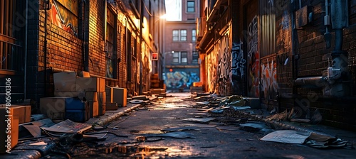 Urban Solitude: Illuminated by the Flicker of a Streetlamp, Discarded Boxes and Graffiti Adorn Desolate Alley Walls, Capturing the Eerie Silence of Urban Decay photo